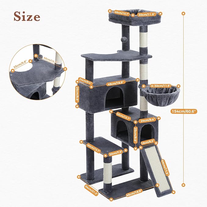 PAWZ Road Cat Tree, 60 Inches Cat Tower with Dual Condos, Spacious Perch, Cozy Basket and Sisal-Covered Scratching Posts for Indoor Cats- Dark Gray-Mewly Pet