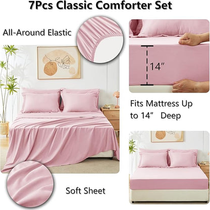 CozyLux Full Size Comforter Sets Pink - 7 Pieces Bed in a Bag Full, Luxury Soft Bed Set for All Seasons, Bedding Set with Down Alternative Comforter, Sheets, Pillowcases & Shams