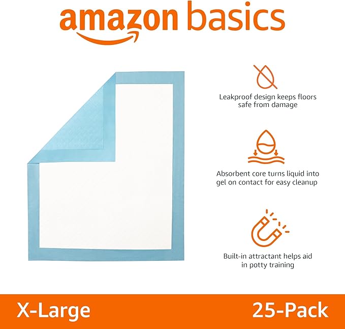 Amazon Basics Dog and Puppy Pee Pads with 5-Layer Leak-Proof Design and Quick-Dry Surface for Potty Training, Heavy Duty Absorbency, X-Large, 28 x 34 Inch - Pack of 25, Blue & White-Mewly Pet