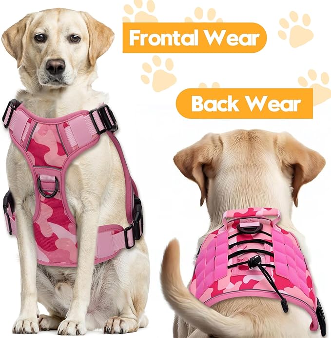 Heavy-Duty Tactical Dog Harness for Large Dogs, No Pull Adjustable Reflective Pet Vest with Molle System, K9 Military-Grade Control for Service Training, Outdoor & 10+ Breeds, Pink Camo, Large-Mewly Pet