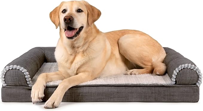 Furhaven Orthopedic Dog Bed for Large/Medium Dogs w/ Removable Bolsters & Washable Cover, For Dogs Up to 55 lbs - Luxe Faux Fur & Performance Linen Sofa - Charcoal, Large-Mewly Pet