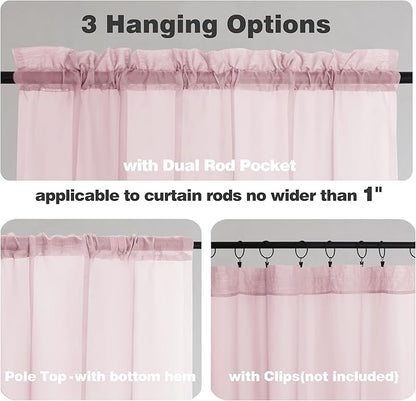 Chyhomenyc Sheer Valances for Windows, Small Window Curtains for Living Room Bathroom Laundry Basement, Modern Dual Rod Pocket Voile Valance Curtain, 42W x 14L inches, 2 Pcs, Blush Pink
