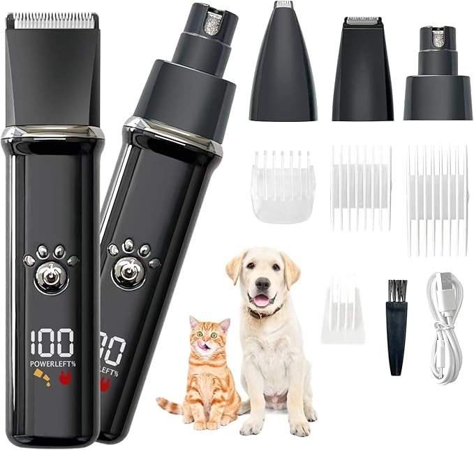 Dog Clippers Grooming Kit - Low Noise, Cordless Electric Trimmer with Nail Grinder for Dogs & Cats, 4 in 1 Rechargeable Clippers for Paws, Ears, Face and Matted Hair (Black)-Mewly Pet