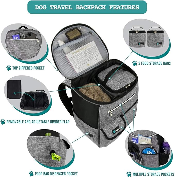 PetAmi Dog Travel Bag Backpack, Airline Approved Dog Bags for Traveling, Puppy Diaper Bag Supplies, Pet Camping Essentials Hiking Accessories Dog Mom Gift, Food Container, Collapsible Bowls, Gray-Mewly Pet