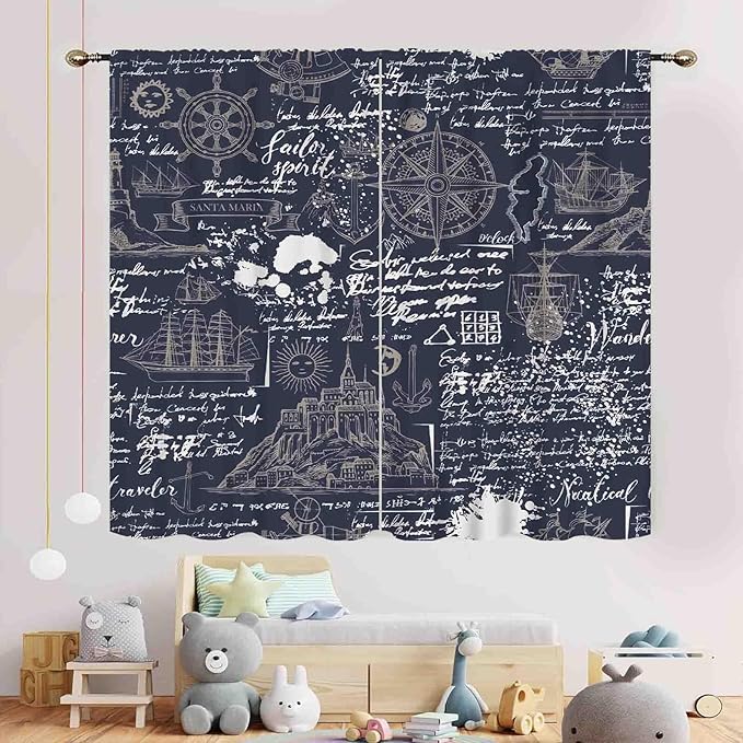 Vintage Nautical Curtains, Marine Coastal Sailboat Compass Anchor Ocean Beach Old Pirate Map Navy Blue Blackout Retro Drapes for Bedroom Living Room Kitchen Bathroom Window 2 Panels, 55"x63" Inch
