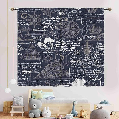 Vintage Nautical Curtains, Marine Coastal Sailboat Compass Anchor Ocean Beach Old Pirate Map Navy Blue Blackout Retro Drapes for Bedroom Living Room Kitchen Bathroom Window 2 Panels, 55"x63" Inch