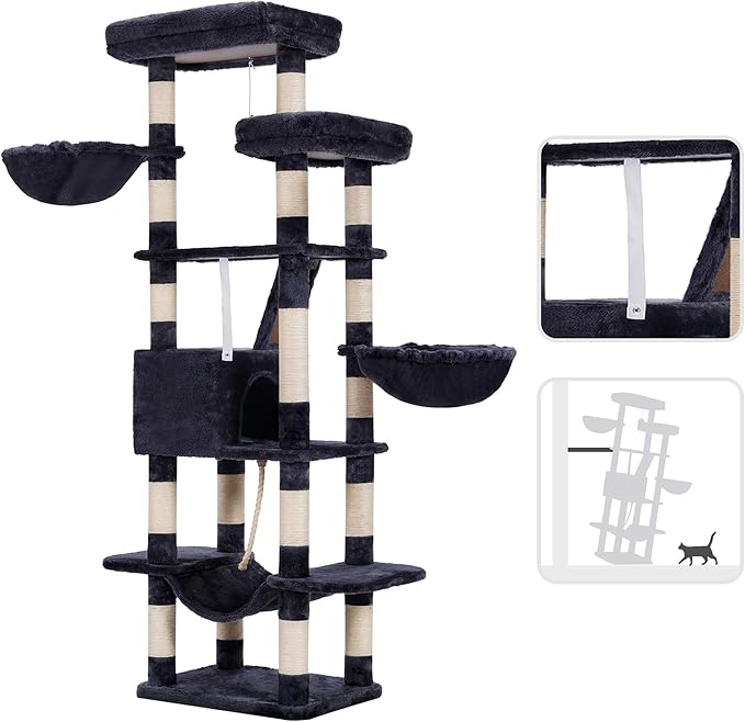 Heybly Cat Tree, 68 inch Multi-Level Cat Tower for Indoor Cats, 2 Widened Plush Perches Cat Condo with Scratching Board and Big Caves, Smoky Gray HCT025G-Mewly Pet