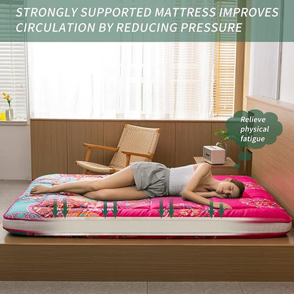 MAXYOYO Bohemian Style Futon Mattress, Padded Japanese Floor Mattress Quilted Bed Mattress Topper, Extra Thick Folding Sleeping Pad Breathable Floor Lounger Guest Bed for Camping Couch, Red, Queen