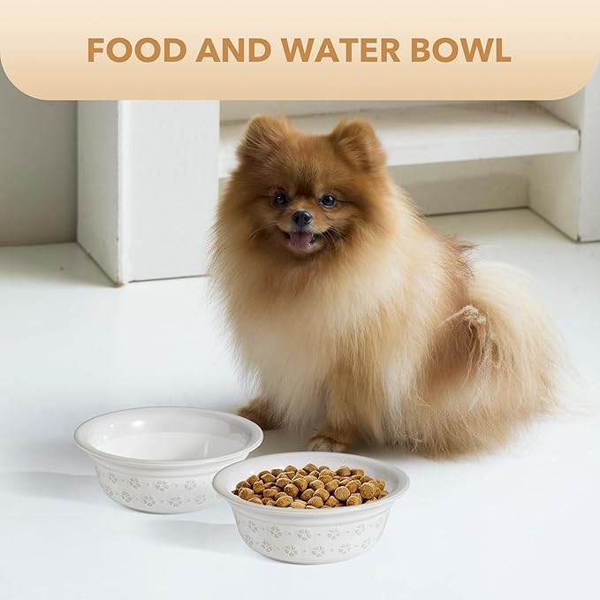6.3inch Ceramic Set of 2 Dog Bowls, Food and Water Bowls for Small and Medium Dog, 2pcs Basic Dog Bowl, Wide Opening Rounded Edge (2 Bowls, Reactived Glaze -White)-Mewly Pet