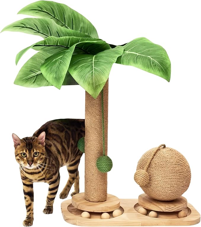 Cat Scratching Post, Wooden Cat Scratcher Toy for Indoor Cats, Sisal Ball Toy with Hanging and Track Balls, 17.7" Tall Banana Tree Cat Tower for Kittens-Mewly Pet