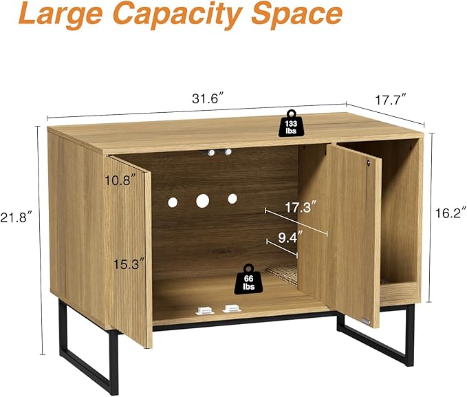 Cat Litter Box Enclosure, Fluted Hidden Litter Box Furniture with Scratch Pad and Metal Legs, Modern Enclosed Cat Cabinet, 31.5 x 17.7 x 21.7 Inches Indoor Pet House for Living Room, Washroom, Natural-Mewly Pet
