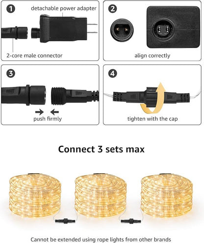 LE 33ft 240 LED Rope Lights Outdoor 24 Volts, 3/8 inch Clear Tube, Upgraded 2700K Warm White, Connectable (Up to 3 Sets), Not Dimmable, Waterproof String Lights for Patio Deck Railing Stair Landscape