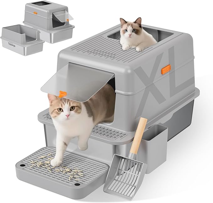 Stainless Steel Litter Box with Lid, 20L Metal Enclosed Litter Box for Big Cat, Flip-Top Design with Anti-Leakage High Sides, Large Cat Lovers Gifts (#1 Gray)-Mewly Pet