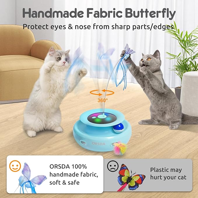 ORSDA Cat Toy, 3-in-1 Automatic Interactive Electronic Moving Ambush Feather, Fluttering Butterfly, Track Balls, USB Rechargeable Powered Smart Indoor Exercise Kicker-Mewly Pet