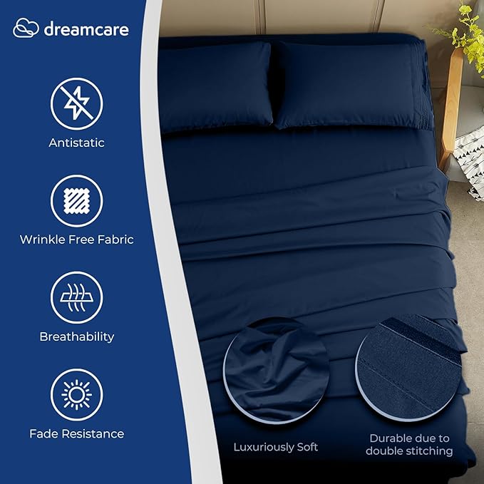 DREAMCARE King Size Sheets Set – 4 pcs Cooling Sheets – up to 21” Deep Pocket King Sheet Set – Hotel Luxury Sheets & Pillowcases – Superior Softness 100% Fine Microfiber with Side Pocket – Navy Blue