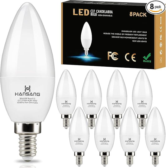 hansang 8 Pack E12 LED Candelabra Bulbs 2700K Warm White, 6W 60Watt Equivalent, B11 Ceiling Fan Light Bulbs Small Base, Type B Light Bulb for Chandelier, 600LM, 120V, Non-dimmable