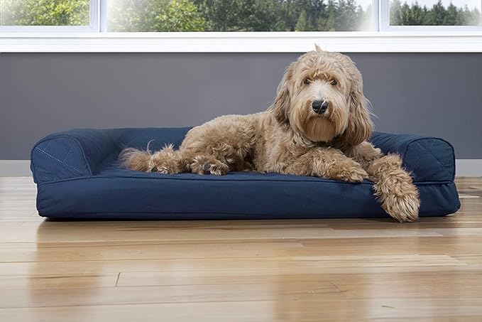 Furhaven Cooling Gel Dog Bed for Large/Medium Dogs w/ Removable Bolsters & Washable Cover, For Dogs Up to 55 lbs - Quilted Sofa - Navy (Blue), Large-Mewly Pet