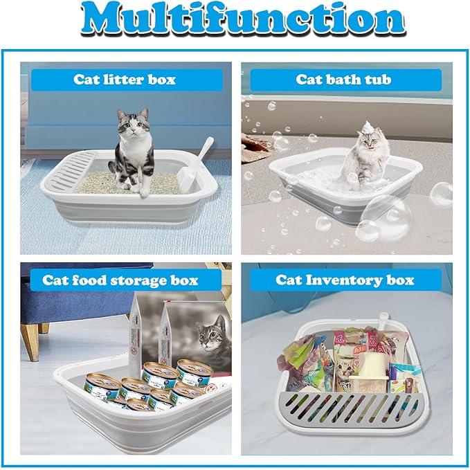 Collapsible Cat Litter Box,Open Potty Pan Cat Toilet Foldable Portable Cats Litter Box Travel Litter with Scoop,Waterproof Low Entrance for Kitten and Cat Toilet Easy Clean 17.7"×13.4"x4.9"(Grey)-Mewly Pet