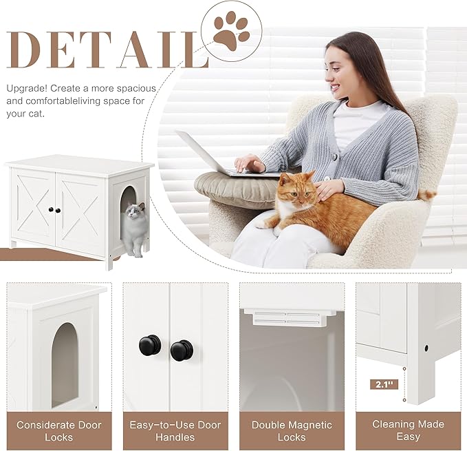 JY QAQA Cat Litter Box Enclosure,Litter Box Furniture Hidden with Barn Door,Wooden Cat Washroom Furniture,Cat House,Fit Most of Litter Box,White-Mewly Pet