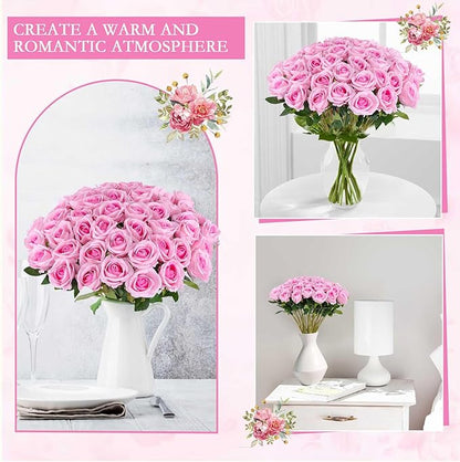 Hananona 50 Artificial Roses in Bulk, Fake Silk Pink Roses Realistic Roses for Wedding Centerpieces Flower Arrangement Home Decor (50, Pink)