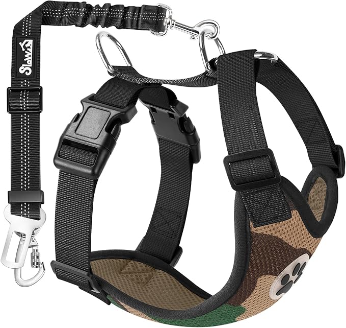 Lukovee Dog Seat Belt for Car, Adjustable Dog Car Harness for Large Medium Small Dogs, Soft Padded & Breathable Mesh Dog Seatbelt with Car Strap and Carabiner(Camouflage Double Clip,X-Small)-Mewly Pet