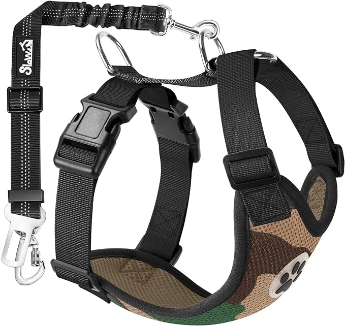 Lukovee Dog Seat Belt for Car, Adjustable Dog Car Harness for Large Medium Small Dogs, Soft Padded & Breathable Mesh Dog Seatbelt with Car Strap and Carabiner(Camouflage Double Clip,Small)-Mewly Pet
