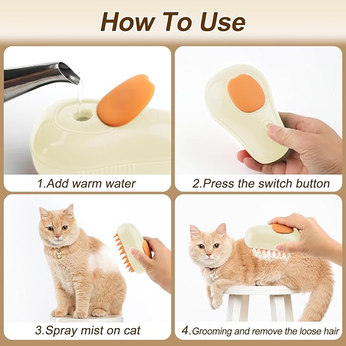 Cat Steam Brush, 3 in 1 Cat Steamy Brush, Silicone Massage Grooming Comb, Pet Hair Cleaning Misting Comb for Kittens(Avocado White)-Mewly Pet