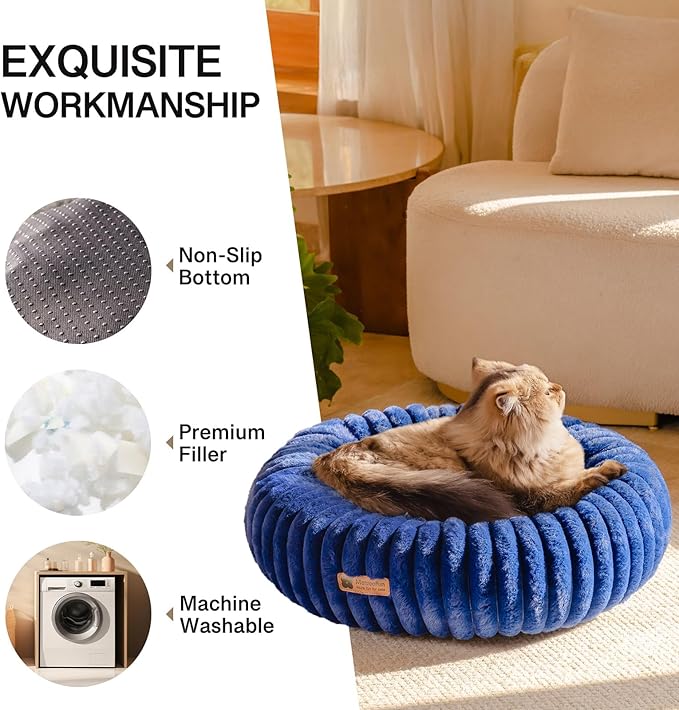 MEWOOFUN Donut Dog Beds for Small Dog, Calming Bed Round Cute Puppy Bed with Non-Slip Bottom, Fluffy Washable Pet Bed for Puppy and Kitten (Navy Blue, M (30x30x8))-Mewly Pet