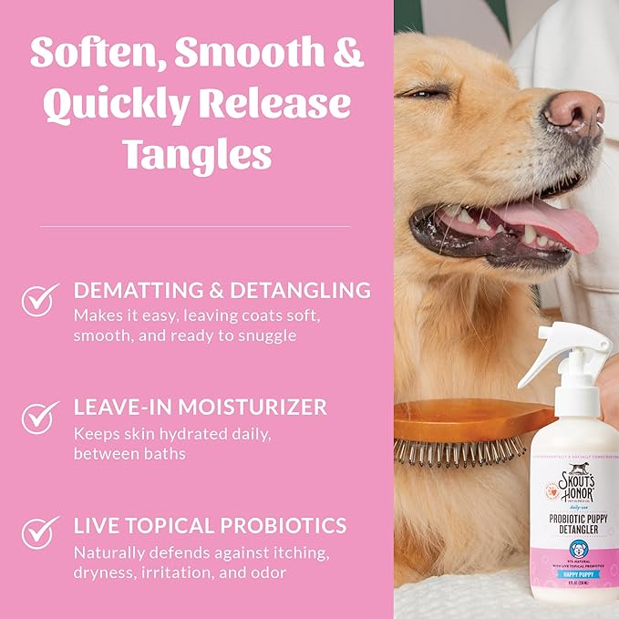 Skout's Honor Pet Detangler Spray - Hydrating & Conditioning with Avocado Oil & Probiotics, 97% Natural, Paraben & Sulfate-Free, softens for a More brushable Coat, Daily Use, 8oz, Happy Puppy-Mewly Pet