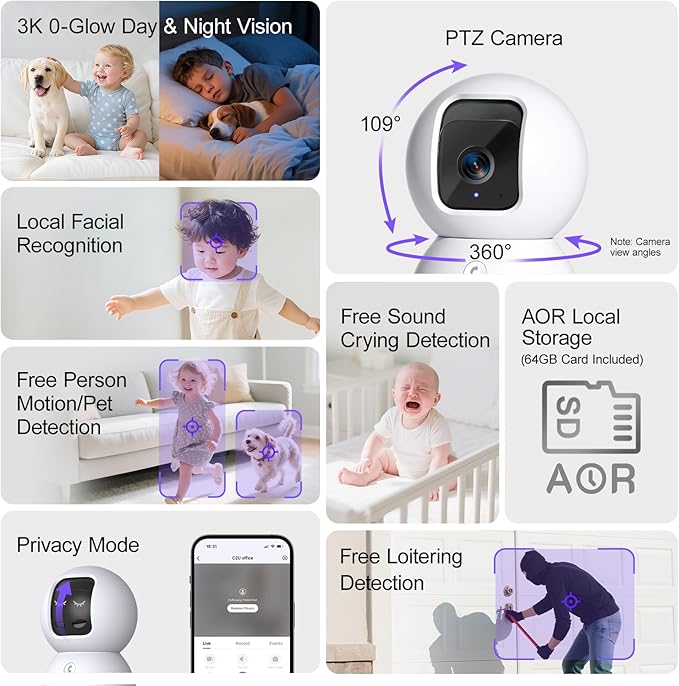3K Pet/Dog Camera Indoor w/Phone App, No Monthly Fee 64GB Local Storage & AI Tracking Face ID, 2.4/5GHz WiFi Cameras for Home Security Baby Monitor, Pan/Tilt, 2-Way Talk-Mewly Pet