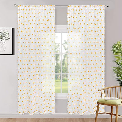 MYSKY HOME Orange Pom Pom Sheer Curtains for Girls Bedroom & Nursery - 72 Inch Long, 2 Panels, Light Filtering, Rod Pocket, Semi Window Drapes - 52 x 72 inch