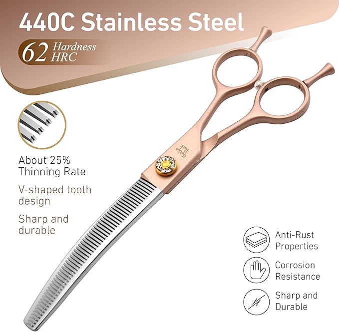 Fenice Peak Professional Curved Thinner Dog Grooming Scissors 7.0'' Rose Gold Thinning Shears Extremely Sharp Blades 440C Stainless Steel Thinning Shears Durable Smooth Fine Cut for Dogs and Cats.-Mewly Pet