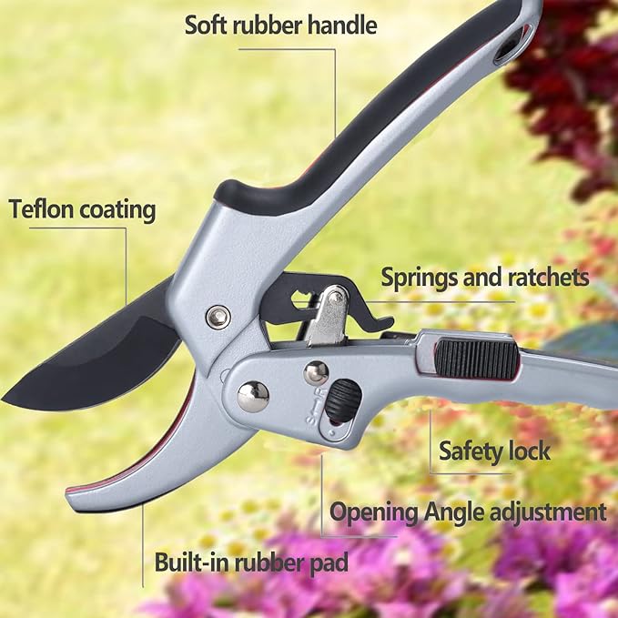 Garden clippers, premium Germany pruners, Work 3 times easier, professional ratchet pruning shears, cutting rose, flower, hedge, stem, tree, Sharp gardening scissors, Arthritis weak hand snips-Mewly Pet