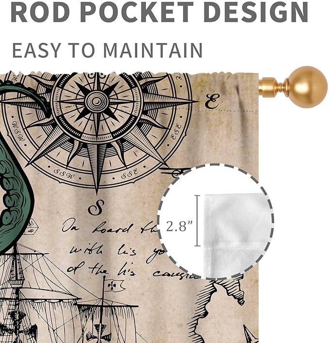Nautical Octopus Curtains, Coastal Old Pirate Map Sailboat Compass Vintage Magic Ocean Kraken Octopus Tentacles Window Drapery Treatment for Bedroom Living Room Kitchen Bathroom 2 Panels, 63"x72" Inch