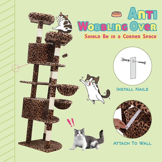 SHA CERLIN 73in Fan-Shaped Corner Cat Tower for Save Space/Multi-Level Tall Cat Tree for Indoor Kitties/Condo with Baskets/Cozy Perches/Sisal Scratching Posts/Pet Activity House/Leopard Print-Mewly Pet