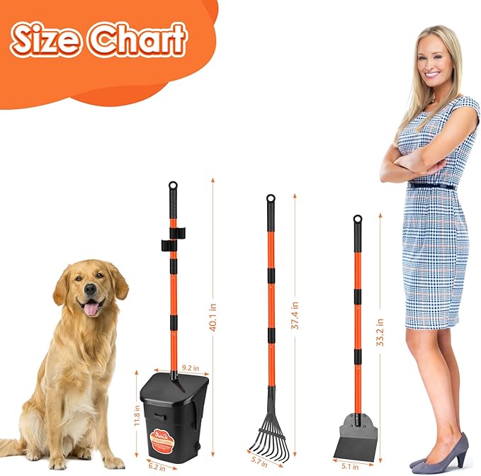 SlowTon Dog Pooper Scooper - 37.4" Long Handle Adjustable Metal Swivel Bin & Rake & Spade Kit with 20 Waste Bags, Portable Pooper Scooper for Gravel Lawn Grass, Suit for Small Medium Large Dog-Mewly Pet