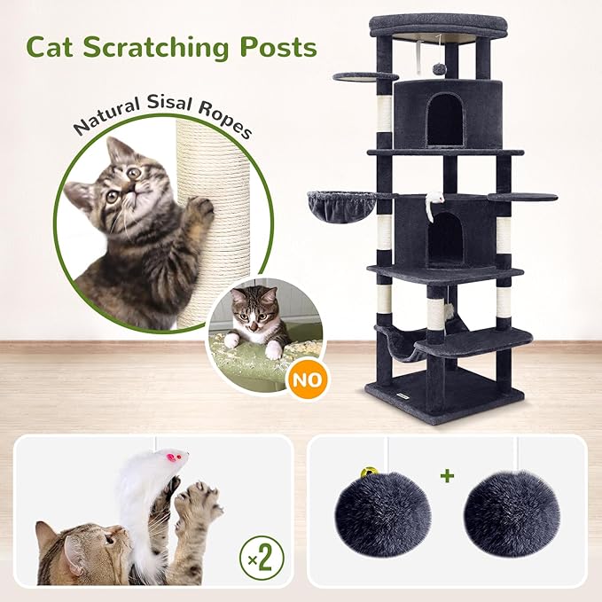 Globlazer Corner Cat Tree for Large Cats, 66inch Tall Curved Series Large Cat Tower for Multiple Indoor Cats with 6 Scratching Posts, 2 Spacious Cat Condos, Hammock, Hanging Basket, C66, Dark Grey-Mewly Pet