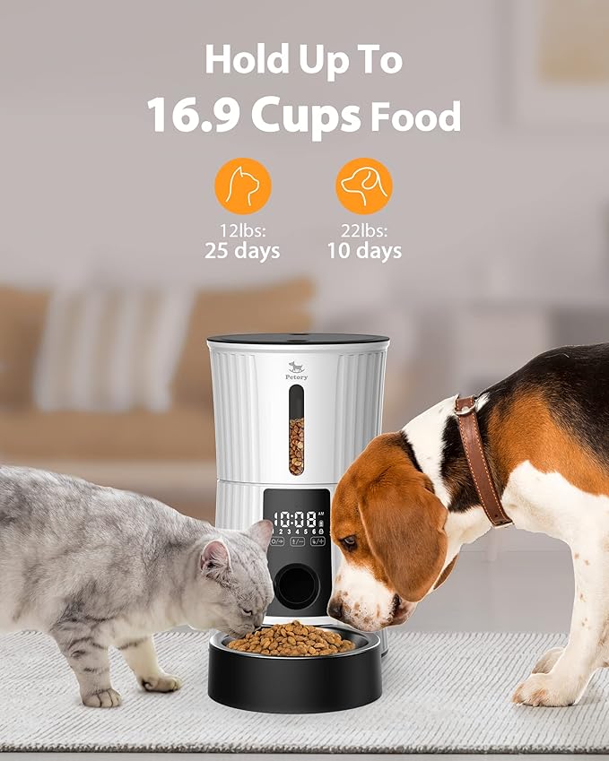 Petory Automatic Cat Feeders - 4L Timed Cat Feeders for Dry Food Built-in Battery up to 6 Meals with Desiccant Bag Support Dual Power 10S Recorder-Mewly Pet