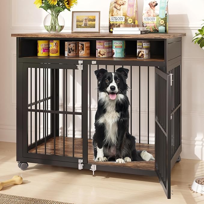 39.4" Dog Crate Furniture for Medium and Large Breed, Dog Kennel Furniture with Storage Shelf & Lockable Wheels, Heavy Duty Wooden End Side Table Pet Cage Indoor, Chew-Resistant, Brown-Mewly Pet
