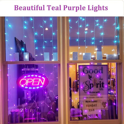 Curtain Lights for Bedroom Waterfall Led Light String PurpleTeal Ombre Hanging Fairy Mermaid Lights for Kids Teen Room Decor Window Ocean Sea Kawaii Christmas Decor Girls Gift (Turquoise & Purple)