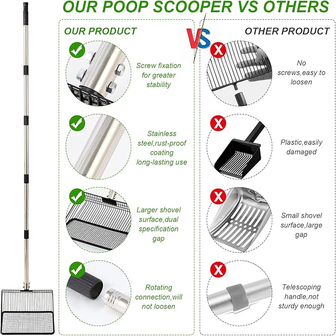 10inch Large Metal Chicken Poop Scooper, 36" to 75" Long Chicken Coop Litter Scoop with Stainless Steel Adjustable Handle, 4 in 1 Detachable Litter Sifting Shovel Scoop for Chicken Coop Accessories-Mewly Pet