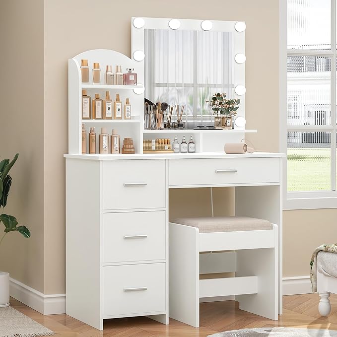 Quimoo Makeup Vanity with 10 Light Bulbs and Charging Station, Vanity Desk with Lighted Mirror & 4 Drawers, Vanity Table Set with Cushioned Stool,White