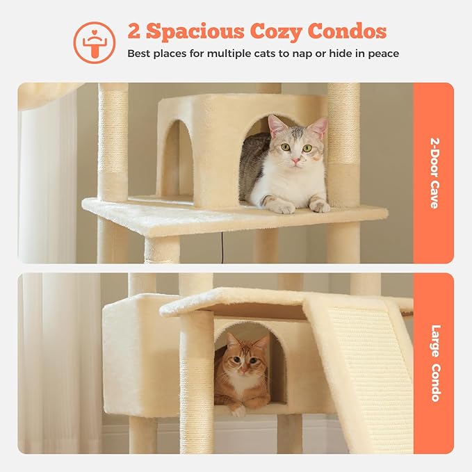 Large Cat Tree for Big Cats & Multi-Cat Homes, 81 Inch Tall Cat Tower with Sturdy Metal Hammock, 6 Sisal Scratching Posts, 2 Cozy Condos, 2 Top Perches - Multi-Level Cat Tower, Beige-Mewly Pet