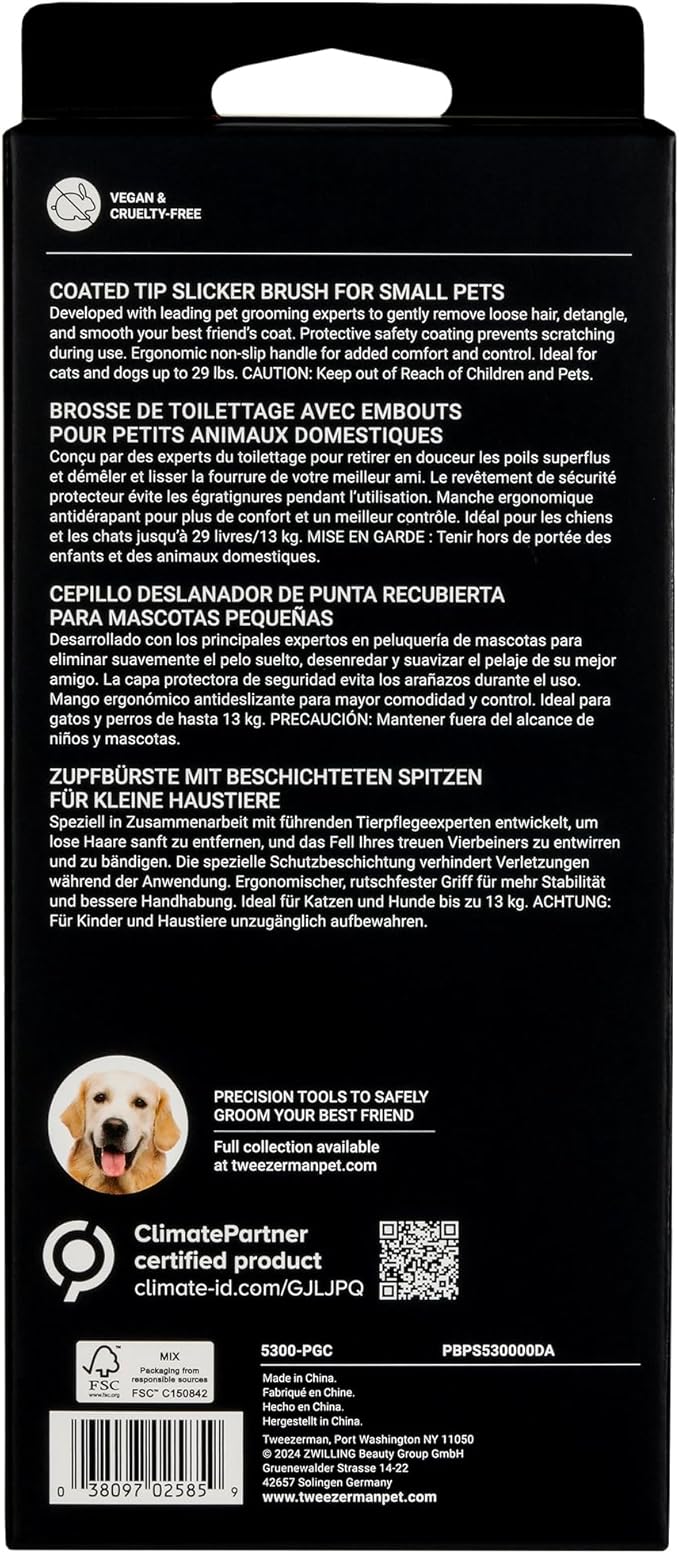 Tweezerman Dog and Cat Slicker Brush for Small Pets, Grooming Brush with Coated Bristles to Prevent Scratching and Ergonomic Handle-Mewly Pet