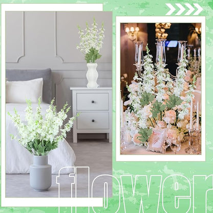 24 Pcs White Delphinium Artificial Flower 35.4'' Long Larkspur Stem White Fake Faux Silk Flowers Bulk for Tall Vase Floral Arrangements Home Centerpiece Table Wedding Decor