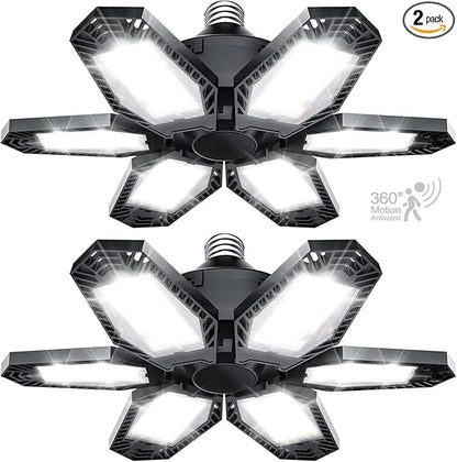 TANBABY 2 Pack Motion Sensor Garage Light, Total 30000LM Deformable Garage Lighting, 150W LED Ceiling with Motion, Ultra Bright Motion Activated LED Shop Light for Attic, Basement