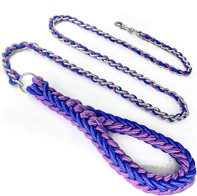 Dog Leash Rope Chain, Nylon Rope Metal Chain for Pet Leads. 6ft Heavy Duty Chew Proof Training Walking for Medium Large Dogs. (Large, Blue&Purple)