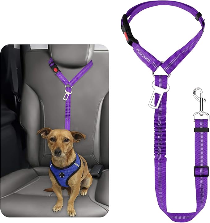 BWOGUE Pet Dog Cat Seat Belt Reflective Car Dog Headrest Restraint Leash Elastic Buffer Bungee Adjustable Tangle-Free Safety Leads Vehicle Seatbelt Harness for Small, Medium and Large Dogs (1 Pack)-Mewly Pet