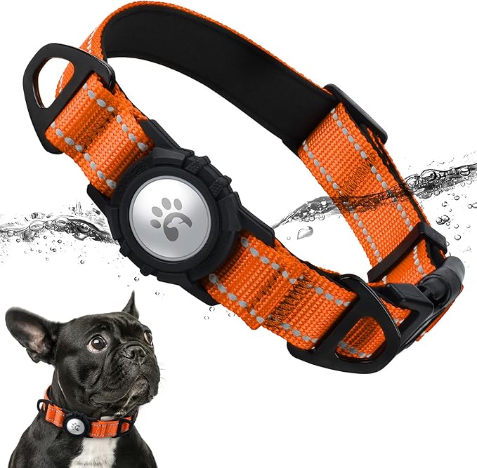 TagME Airtag Dog Collar,Waterproof Reflective Pet Collar with Airtag Holder,Soft Padded and Double D-Rings for Small Dogs,Orange-Mewly Pet