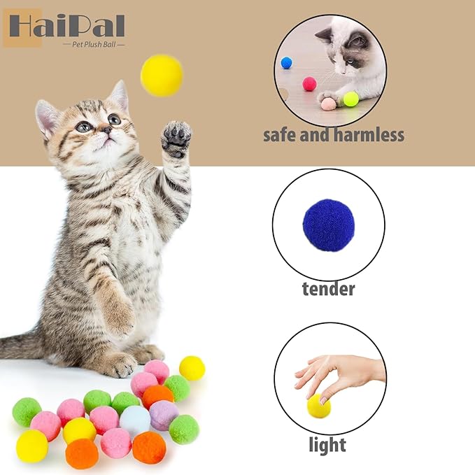 Cat Toy Balls, 20Pcs Premium Soft Pom Pom Balls for Kittens, 1,9'' Funny Interactive Cat Pompom Toys for Bored Indoor Cats Playing Plush Balls for Craft DIY Decorations, Cute Kitten Kitty Toys.-Mewly Pet